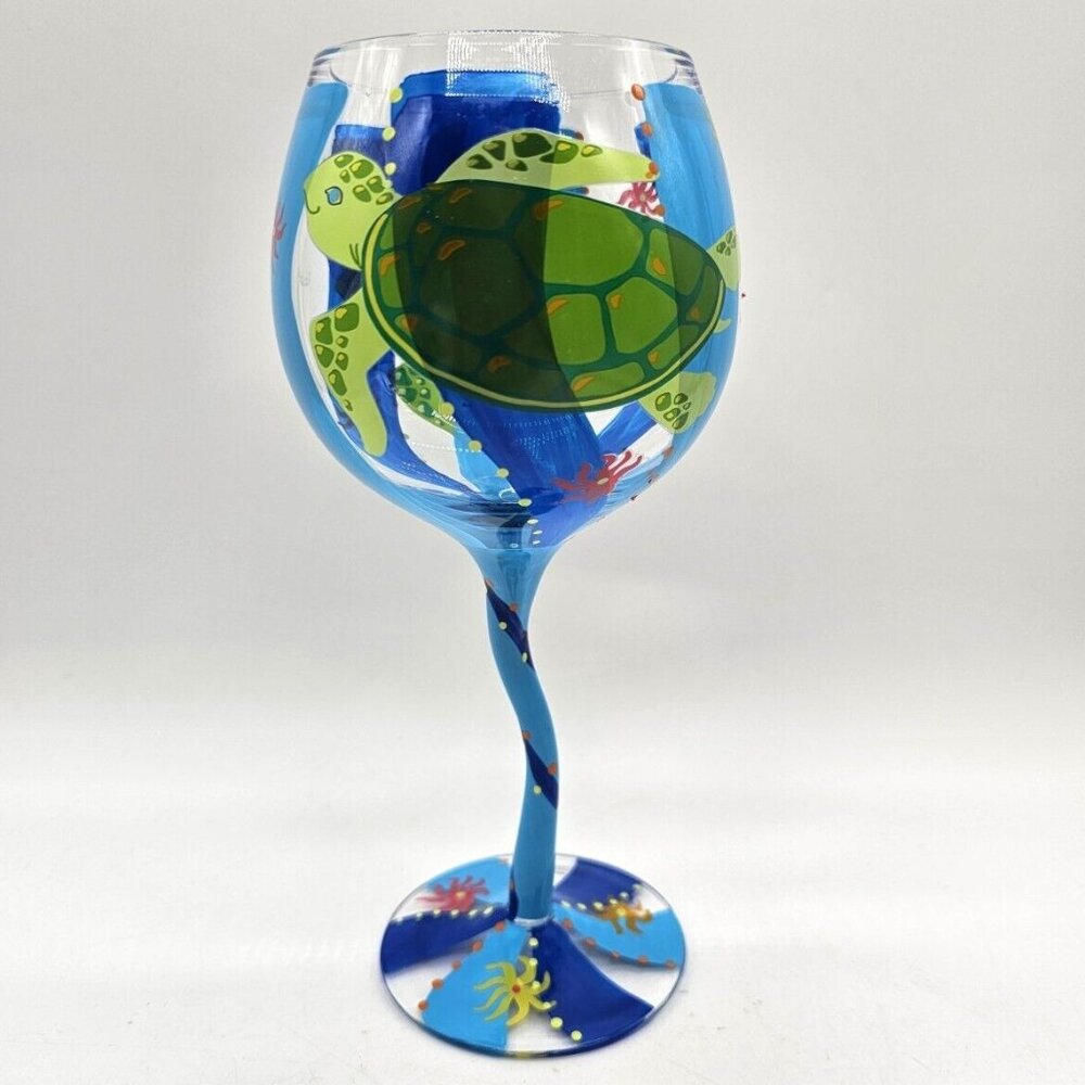 OOAK Handpainted Smiling Sea Turtle 8.5" Wine Glass Barware